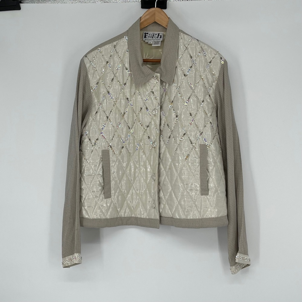 Faith‎ by Celia Forrester Quilted Sequin Jacket Women's XL Beige Embellished